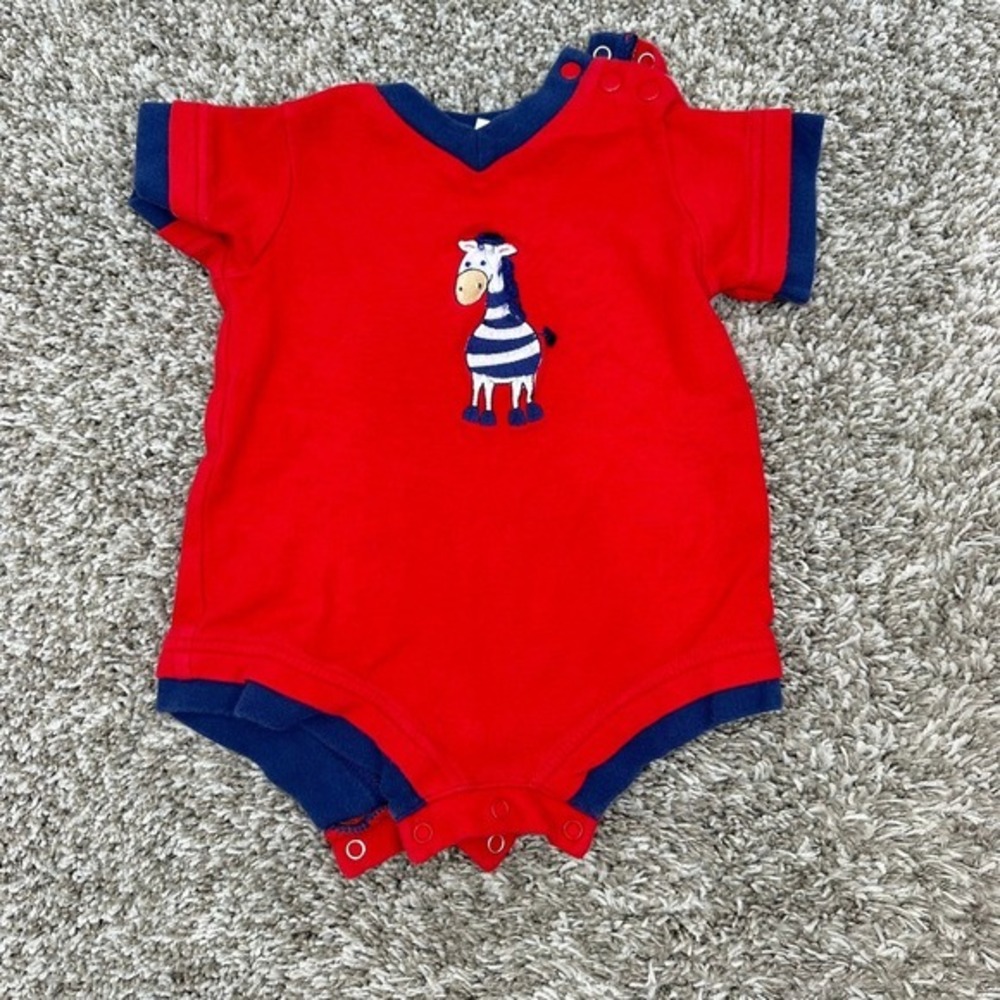 Vintage Bright Future Baby Bodysuit 0-3M Red Blue‎ Zebra Applique Short Sleeve
